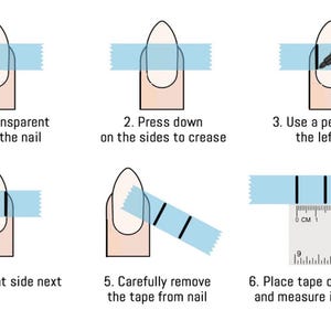 May include: Step-by-step guide for measuring nails. The image shows six steps using transparent tape, a pen, and a ruler. The steps include placing tape, creasing, marking, removing, and measuring in millimeters. The guide is for nail sizing.
