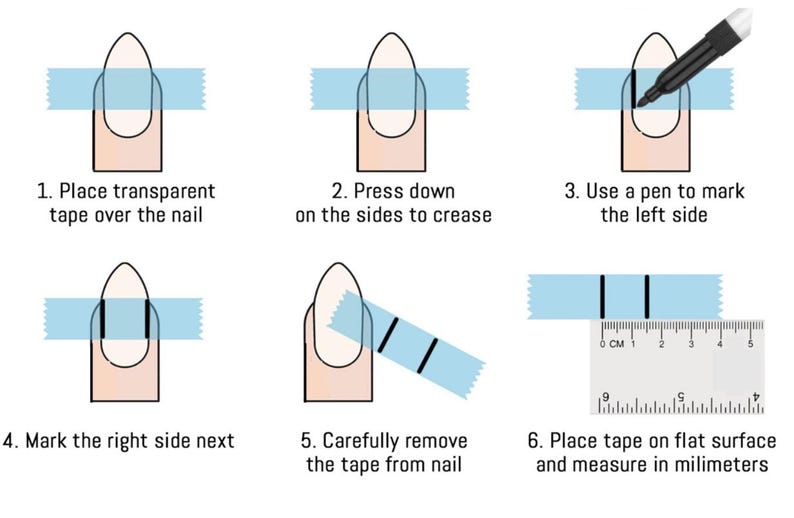 May include: Step-by-step guide for measuring nails. The image shows six steps using transparent tape, a pen, and a ruler. The steps include placing tape, creasing, marking, removing, and measuring in millimeters. The guide is for nail sizing.