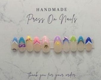 Disney Princess French Tip Press On Nails, Princess Tiana, Snow White, Belle, Cinderella, Mulan, Aurora, Rapunzel, Little Mermaid, Jasmine