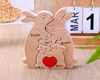 Houten familiepuzzel konijn, familie van 4 konijnen woondecoratie, mama en ik cadeaus, cadeaus voor nieuwe ouders, verjaardagscadeau voor vrouw echtgenoot
