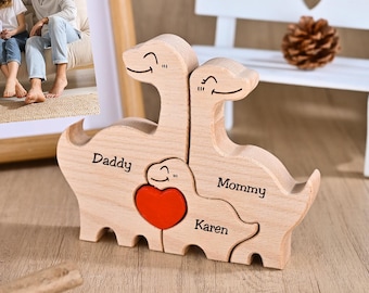Wooden Dinosaur Family Puzzle, Dinosaur Jigsaw Figurine, Mother's Day Gift for Mom Wife, Family Present for New Mothers, Nursery Room Decor