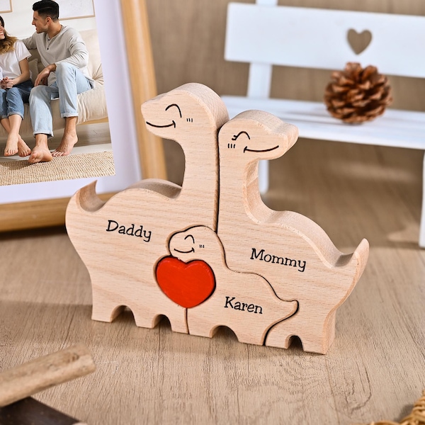 Wooden Dinosaur Family Puzzle, Dinosaur Jigsaw Figurine, Mother's Day Gift for Mom Wife, Family Present for New Mothers, Nursery Room Decor
