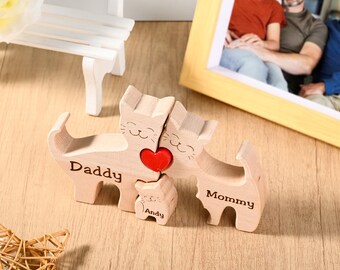 Wooden Cat Puzzle for Family of 2-6, Animal Family Home Decor for Mom, Cat Lover Gifts, Birthday Wedding Gift for Couple, Baby Shower Gift