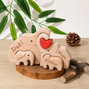 Engraved Elephant Name Puzzle 2-8, Wooden Family Puzzle, Elephant Family Gifts for New Parent, Ivory Anniversary Gifts for Wife, Mothers Day