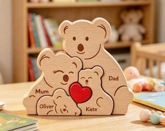 Individuell gestaltetes Koala-Familienpuzzle aus Holz, gravierte Familienfiguren, Geschenkidee zum Geburtstag frischgebackener Mütter, Geschenkideen für die Familie, Koala-Hochzeitsgeschenk, Erinnerungsstück für eine 5-köpfige Familie