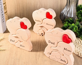 Elefanten Familie Holzpuzzle, Elefant Ornament für Mama, neues Baby Geschenk für Eltern, Paar Jahrestagsgeschenk, personalisierte Mutter Geschenke