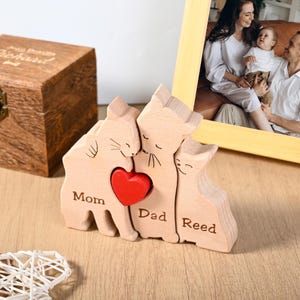 Wooden Cat Puzzle for Family of 2-7, Name Animal Family Decor for Mom Gift, Gifts for Expecting Parent, Birthday Gift for Mom Wife Grandma