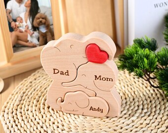 Wooden Elephant Family Puzzle, Family of 4 Gift for New Parent, First Father's Day Gift, New Mother Gift, Baby Shower Gift, Nursery Decor