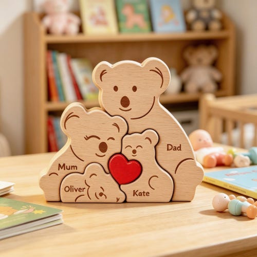 Custom Wooden Koala Family Puzzle, Engraved Family Figurines, New Mom, Family Christmas Gift, Koala Birthday Gift, Family of 2-5 Keepsake