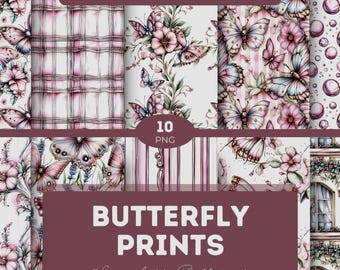 Butterfly Seamless Patterns: Watercolor Vintage Floral PNG (Digital Paper Bundle)
