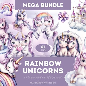 Rainbow Unicorn Watercolor Clipart: Magical Castle PNG Bundle (Digital Download)