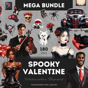 Spooky Valentine Clipart Bundle PNG Watercolor Style Ghosts Skulls Hearts Love Gothic Halloween Romantic Cute Pastel Horror