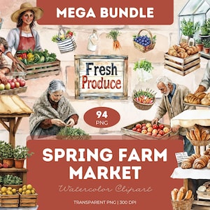 Lente boerderij markt clipart bundel aquarel png verse producten schuur bloemen baby dieren tuin fruit groenten staan schattig boerderij leven