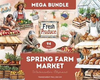 Watercolor Farm Market Clipart: Fresh Produce Mega Bundle (94 PNG)