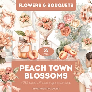 Pacchetto di clipart di fiori di Peach Town in formato PNG, bouquet di fiori ad acquerello, composizioni floreali di pesco per lavori artigianali, diari, matrimoni, sublimazione