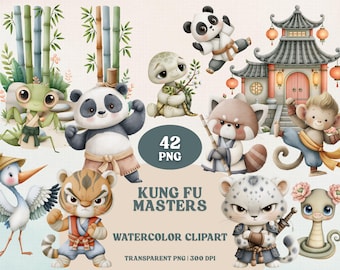Watercolor Kung Fu Animals Clipart | Panda, Tiger, Crane, Ninja Kids PNG