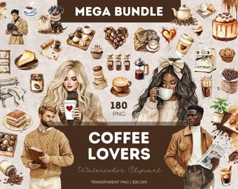 May include: A watercolor clipart set of 180 PNG images featuring coffee lovers, coffee beans, coffee cups, and other coffee-themed illustrations. The images are perfect for creating digital designs, invitations, and other projects.