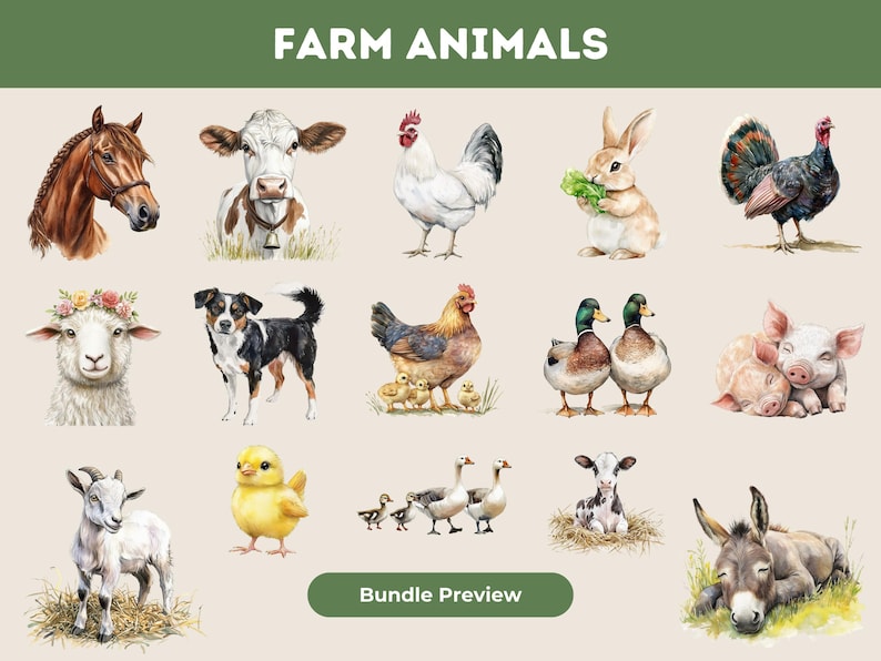 Farm Animals Watercolor Clipart Bundle: Rustic Homestead PNG (digital ...