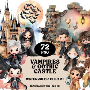 Gothic Vampire Clipart Bundle: Watercolor Castle, Bats, Dragons (72 PNGs)