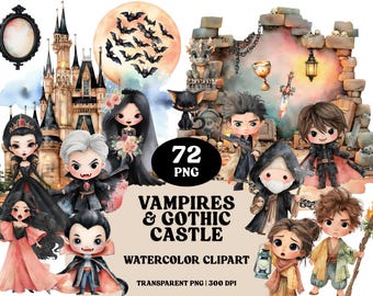 Gothic Vampire Clipart Bundle: Watercolor Castle, Bats, Dragons (72 PNGs)