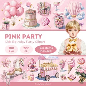 Lot de cliparts fête rose aquarelle PNG ballons gâteau décoration d'anniversaire filles chapeaux de fête banderoles cadeaux célébration pastel mignon