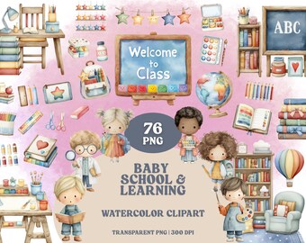 May include: A watercolour clipart set with school-themed illustrations, including children, books, and a chalkboard with "ABC." The image features the text "Welcome to Class." The colour palette is soft, with pastel shades.