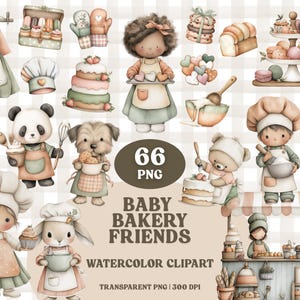 Baby bakery clipart bundle for kids, watercolor baking clipart, cute chef nursery art, baby shower printable, pastel baking kitchen graphics
