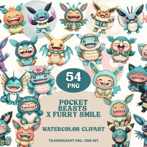Pacchetto PNG di Clipart di Pocket Beasts, Creature Sorridenti Pelose, Acquerello, Mostri Carini, Arte di Fusione, Adesivi Pokemon Digitali Kawaii, Stampabili, Labubu
