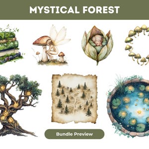 Może przedstawiać: Zestaw akwarelowych ilustracji przedstawiających motyw magicznego lasu. Ilustracje obejmują stos książek pokrytych mchem, wr&oacute;żkę siedzącą pod grzybem, śpiącą wr&oacute;żkę w kwiecie, koło grzyb&oacute;w, drzewo z błyszczącymi światełkami, starą mapę i staw z liśćmi lilii wodnych i błyszczącymi światełkami.
