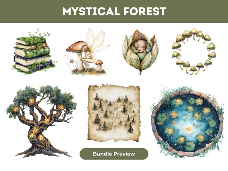 Może przedstawiać: Zestaw akwarelowych ilustracji przedstawiających motyw magicznego lasu. Ilustracje obejmują stos książek pokrytych mchem, wr&oacute;żkę siedzącą pod grzybem, śpiącą wr&oacute;żkę w kwiecie, koło grzyb&oacute;w, drzewo z błyszczącymi światełkami, starą mapę i staw z liśćmi lilii wodnych i błyszczącymi światełkami.