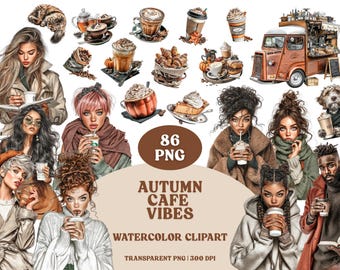 May include: Watercolor clipart set with the text "Autumn Cafe Vibes". The image features illustrations of people, coffee cups, pastries, and a vintage food truck, all in warm autumn colors. The set includes 86 PNG images.