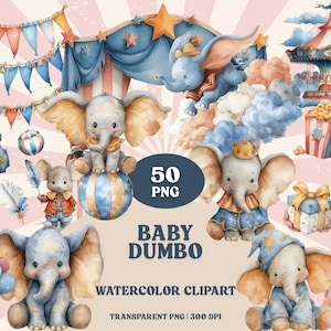 Op de afbeelding: Waterverf clipart met baby Dumbo olifanten in een circus thema. Bevat olifanten, circustenten, popcorn, ballonnen en banners. De tekst luidt "Baby Dumbo Watercolor Clipart". De afbeelding is 300 DPI.