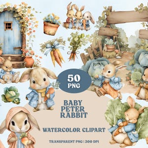 May include: Watercolor clipart featuring illustrations of Peter Rabbit and other bunnies in a whimsical garden setting. Includes images of carrots, cabbages, a blue door, and the text "Baby Peter Rabbit Watercolor Clipart".