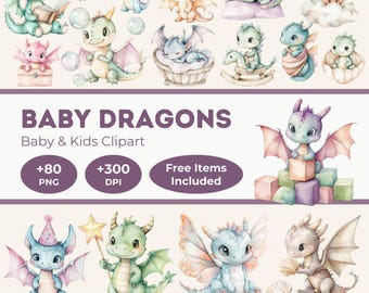 May include: A set of watercolor illustrations of baby dragons in various poses and settings. The dragons are depicted in a variety of colors, including pink, blue, green, and orange. Some of the dragons are holding objects, such as books, stars, and toys. The illustrations are perfect for use in children's books, greeting cards, and other creative projects.