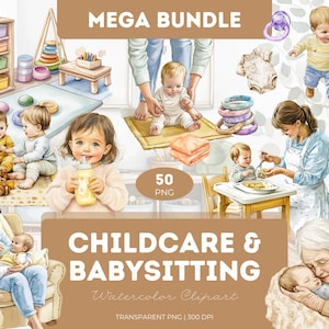 Pacote de clipart de babá para cuidados infantis, aquarela PNG, babá, itens essenciais para bebês, decoração de berçário, diário, artesanato, sublimação, arte infantil fofa