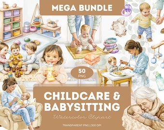 Watercolor Childcare Clipart: Babysitting Kids Illustrations (PNG)