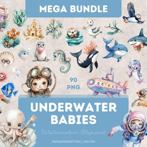 Underwater Babies Clipart Bundle Watercolor PNG Ocean Mermaids Sea Creatures Baby Fish Shells Coral Nursery Kids Decor