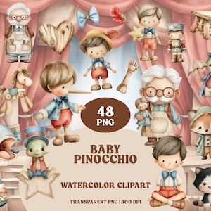 Puede incluir: Conjunto de imágenes prediseñadas de acuarela con varios personajes y elementos de la historia de Pinocho. Incluye a Pinocho, Gepetto, una ballena, un zorro y otros elementos relacionados. También se incluye el texto "Baby Pinocchio Watercolor Clipart".