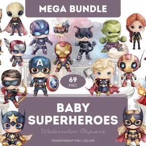 Baby Superhelden Clipart Bundle PNG Aquarell Jungen Mädchen inspiriert Avengers Marvel Comic Kinder Geburtstag Kinderzimmer Helden Kostüme