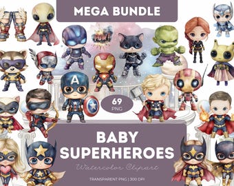 Baby Superheroes Clipart Bundle: Watercolor Comic Heroes (PNG Download, 69 Files)