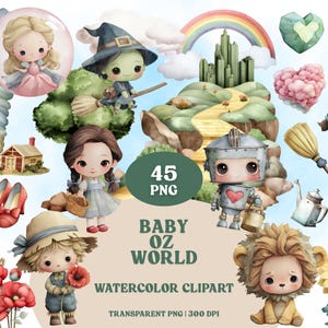 Pode incluir: Conjunto de cliparts em aquarela com personagens e elementos de O Mágico de Oz. Inclui Dorothy, a Bruxa Má, o Homem de Lata e o Leão Covarde. O texto diz "BABY OZ WORLD WATERCOLOR CLIPART".