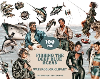 Pacchetto di clipart di pesca ad acquerello: illustrazioni nautiche, decorazioni costiere (file PNG, download digitale)