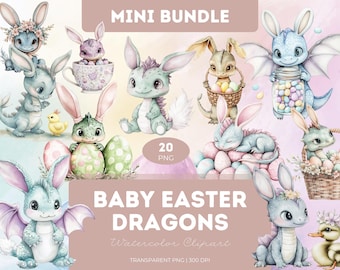 Watercolor Easter Dragon Bunnies Clipart: Spring Graphics (PNG)