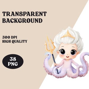 May include: A digital illustration of a cartoon mermaid with white hair, a gold crown, and a trident. The mermaid has a light purple octopus body. Text on the image reads "TRANSPARENT BACKGROUND", "300 DPI HIGH QUALITY", and "38 PNG".