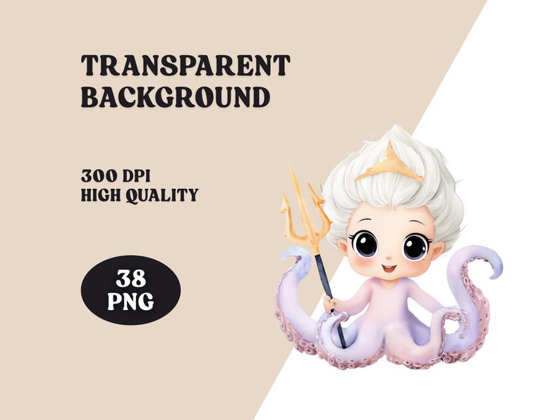 May include: A digital illustration of a cartoon mermaid with white hair, a gold crown, and a trident. The mermaid has a light purple octopus body. Text on the image reads "TRANSPARENT BACKGROUND", "300 DPI HIGH QUALITY", and "38 PNG".
