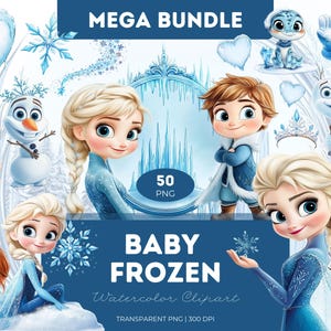 Pacchetto Clipart di Frozen per bambini, stile acquerello, PNG, principessa delle nevi, regina del ghiaccio, castello, fiocco di neve, inverno, download digitale, album, tema Frozen
