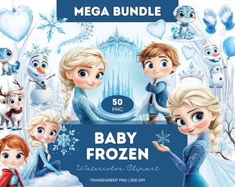 Baby Frozen Watercolor Clipart: Elsa, Anna, Olaf (PNG Digital Download)