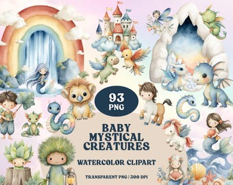 Baby Mystical Creatures Watercolor Clipart: 93 PNG Fantasy Art (Digital Download)