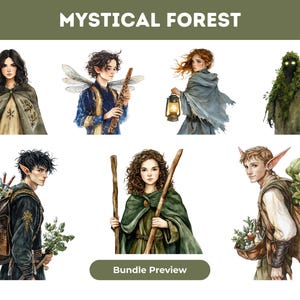 Może przedstawiać: Zestaw cyfrowych ilustracji przedstawiający osiem postaci w mistycznym lesie. Postacie to mieszanka ludzi i elf&oacute;w, niekt&oacute;re z uszami i skrzydłami. Są ubrani w r&oacute;żne odcienie zieleni, brązu i błękitu, a niekt&oacute;rzy niosą przedmioty, takie jak latarnia, laska i plecak. Ilustracja jest namalowana w stylu akwarelowym z miękkimi, rozmytymi kolorami.