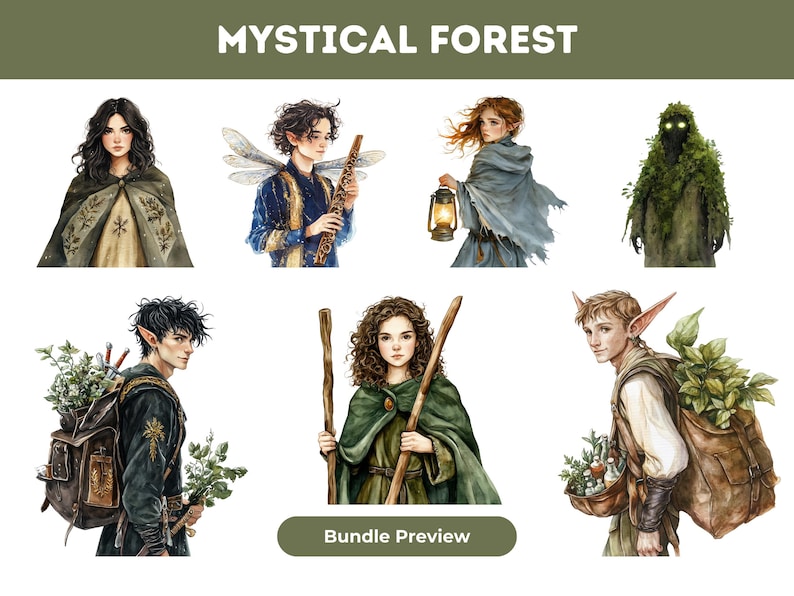 Może przedstawiać: Zestaw cyfrowych ilustracji przedstawiający osiem postaci w mistycznym lesie. Postacie to mieszanka ludzi i elf&oacute;w, niekt&oacute;re z uszami i skrzydłami. Są ubrani w r&oacute;żne odcienie zieleni, brązu i błękitu, a niekt&oacute;rzy niosą przedmioty, takie jak latarnia, laska i plecak. Ilustracja jest namalowana w stylu akwarelowym z miękkimi, rozmytymi kolorami.